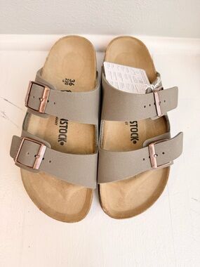 Birkenstock Arizona Sandals Taupe with Rose Gold Buckles